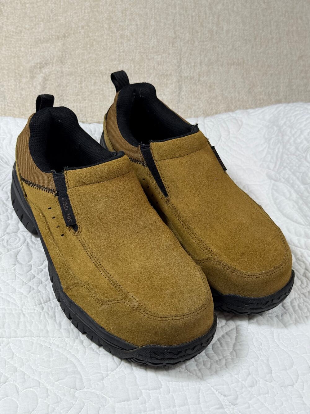 Brazos Men's 10D Steel Toe Slip On Tan Work Safety Leather Shoes Durable Comfort